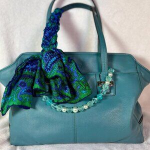 Coach Taylor Leather Alexis Caryall Tote in Teal Blue with Scarf and Chain